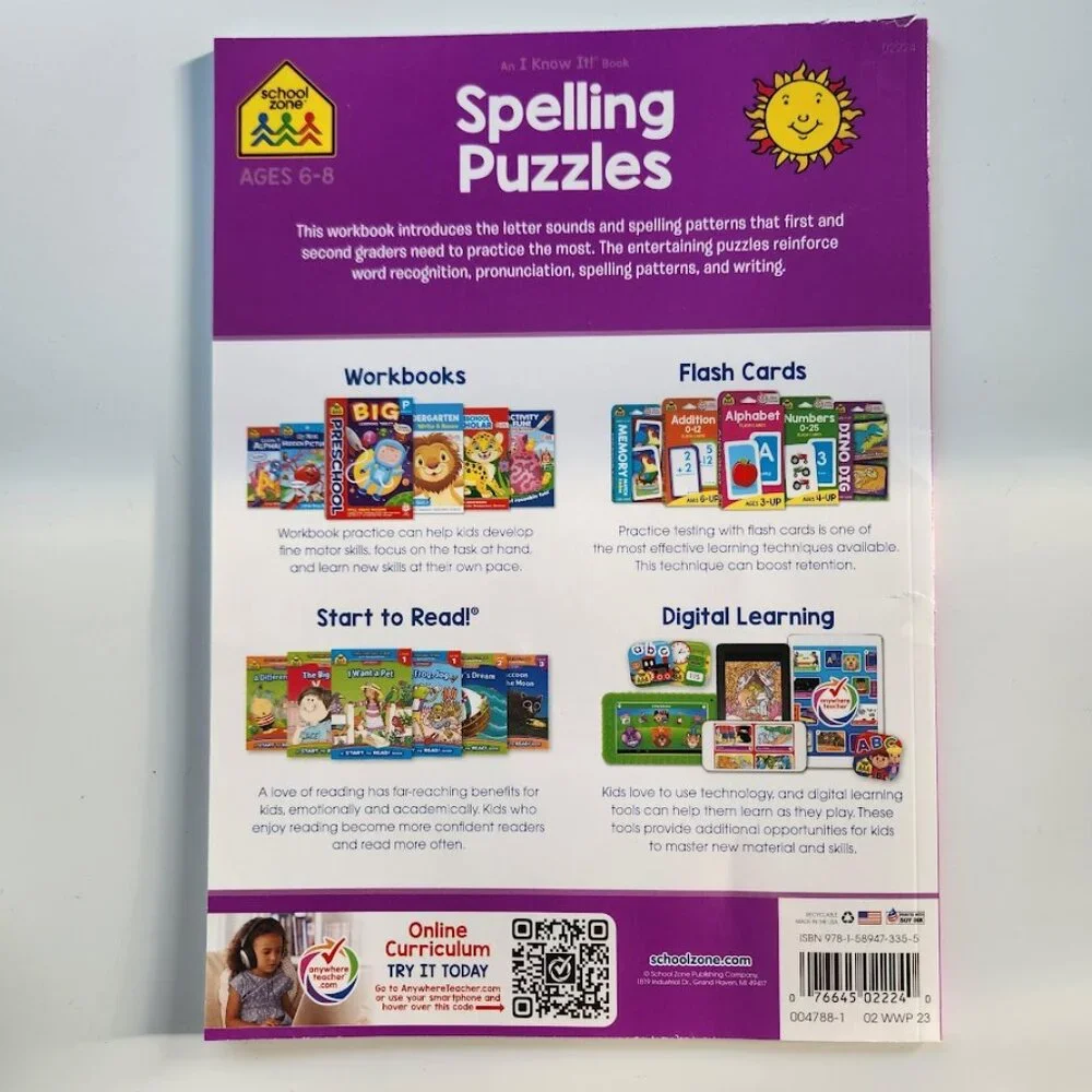 NEW School Zone Spelling Puzzles 1-2 Activity Workbook Book 64 Pages 1st Grade 2